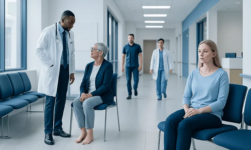 Medical consultation in hospital corridor with doctor and patients.