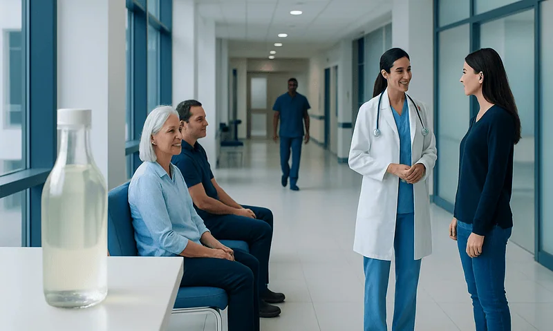 Healthcare professionals and patients in a hospital corridor.