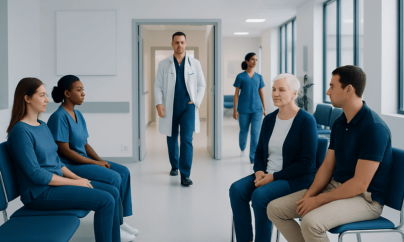 Medical consultation with patients in a hospital corridor at Acibadem Hospitals Group.