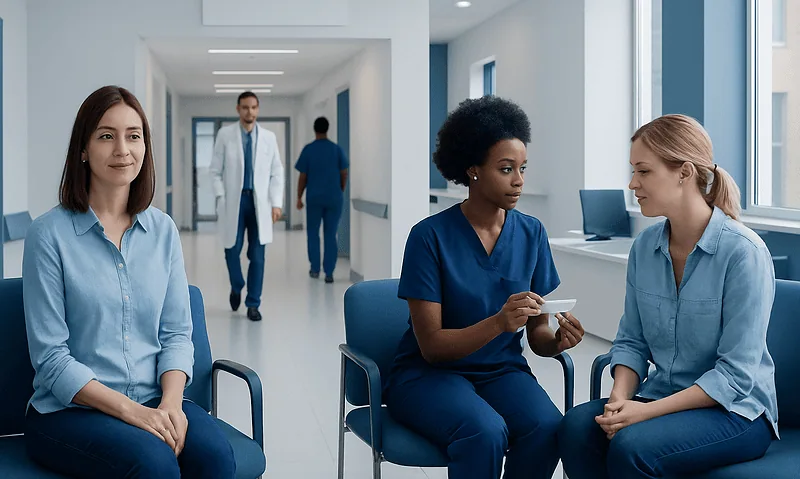 Patients waiting and consulting in a hospital corridor at Acibadem Hospitals Group.