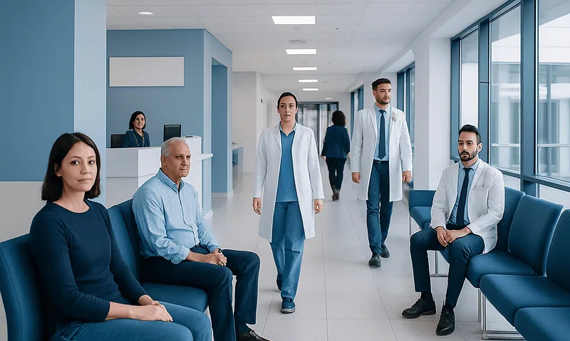 Medical professionals and patients in a hospital corridor at Acibadem Hospitals Group.