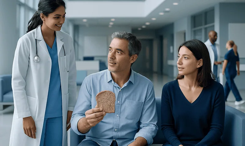 Doctor talking to patients about whole grain bread benefits in hospital.