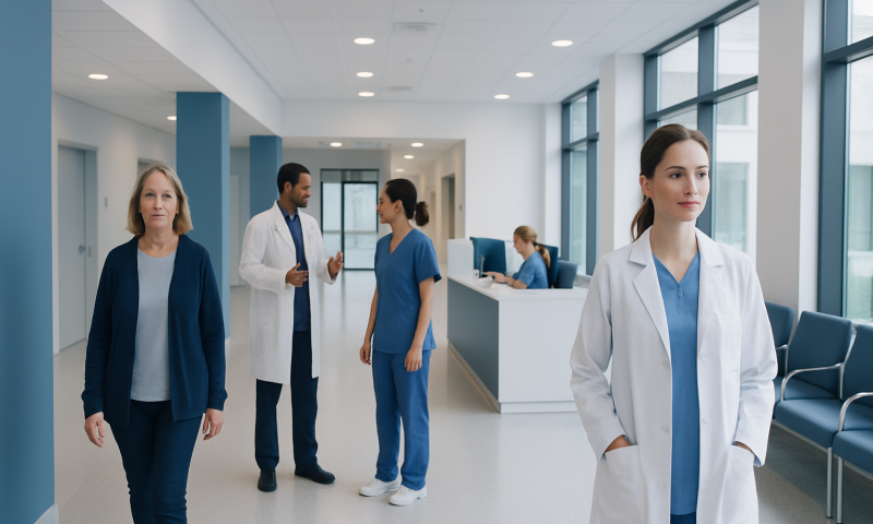 Healthcare professionals and a patient in a modern hospital corridor.