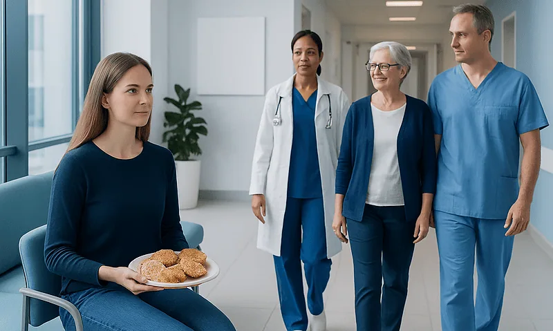 Patient with cookies in hospital corridor with medical staff nearby.