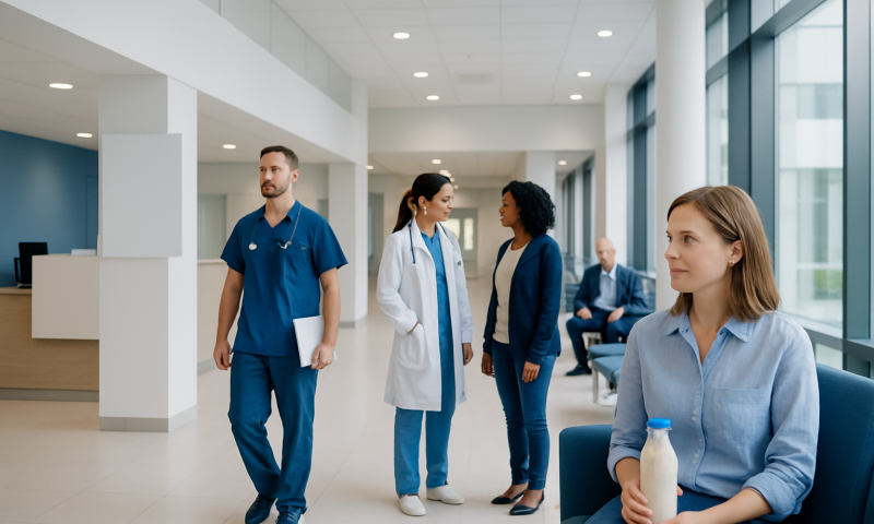 Healthcare professionals and patient in a modern hospital lobby.