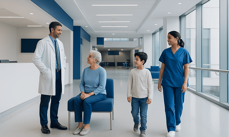 Doctor talking to elderly patient and her family in hospital corridor.