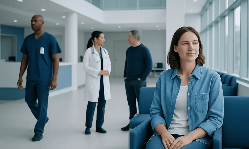 Young woman waiting in hospital lobby with medical staff in background.