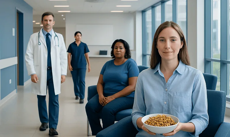 Patients waiting in a hospital corridor with a doctor and nurse present.