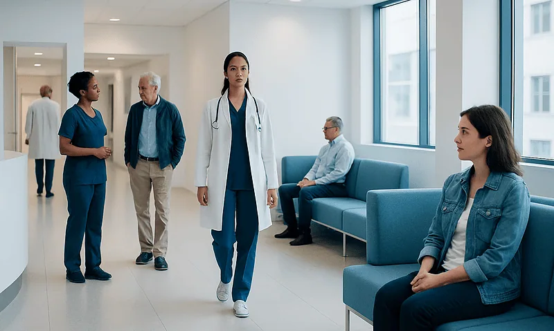 Medical professionals and patients in a modern hospital corridor.