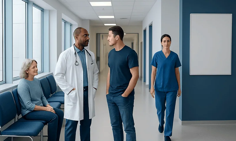 Medical team consulting with patient in hospital corridor.