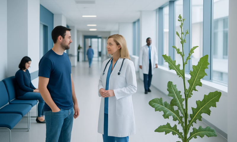 Doctor talking to patient in hospital corridor with large plant in foreground.
