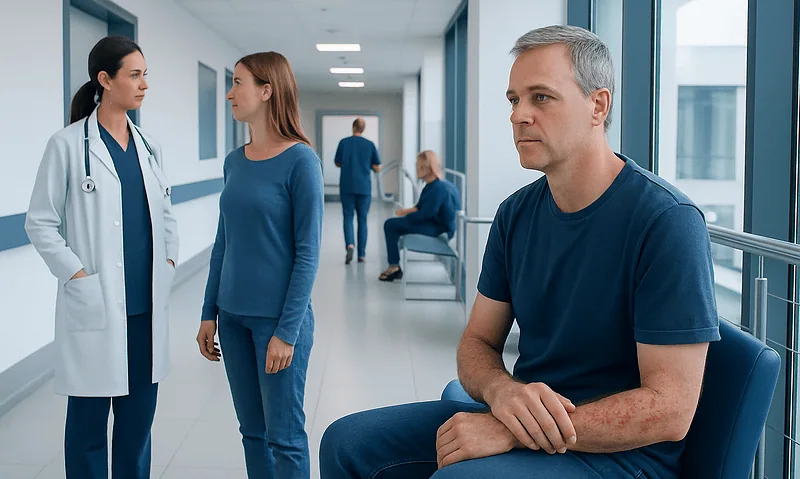 Patient waiting in hospital corridor with medical staff nearby.