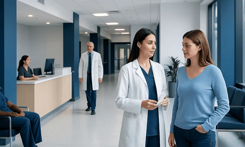 Healthcare professionals discussing patient care in a hospital corridor.
