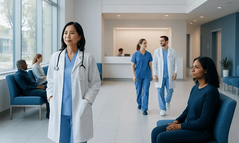 Medical professionals and patients in a modern hospital lobby.
