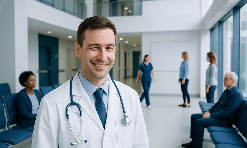 Smiling male doctor in hospital lobby with patients and staff in background.