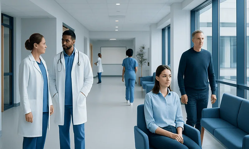 Medical professionals and a patient in a modern hospital corridor.