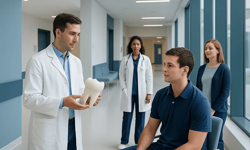 Dentist explaining wisdom teeth to young male patient in hospital corridor.