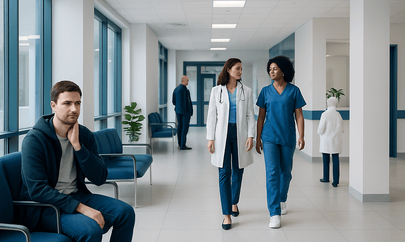 Hospital corridor with medical staff and patient waiting area.