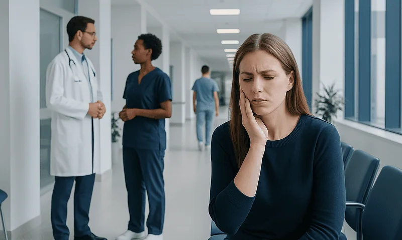 Young woman experiencing dental pain in a hospital corridor.