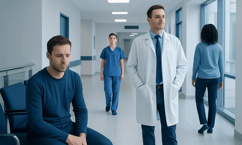 Medical professionals and patient in hospital corridor at Acibadem Hospitals Group.