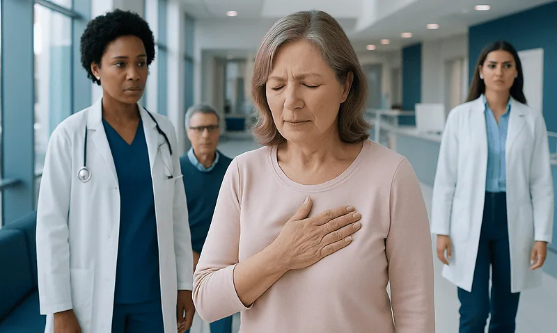 Woman experiencing chest pain in hospital corridor with medical staff nearby.