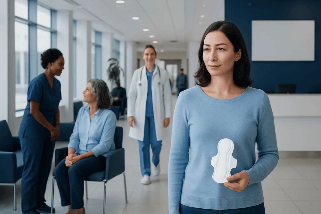 Women's Feminine Pads: A Complete Medical Overview 1 Woman holding a sanitary pad in a hospital waiting area.