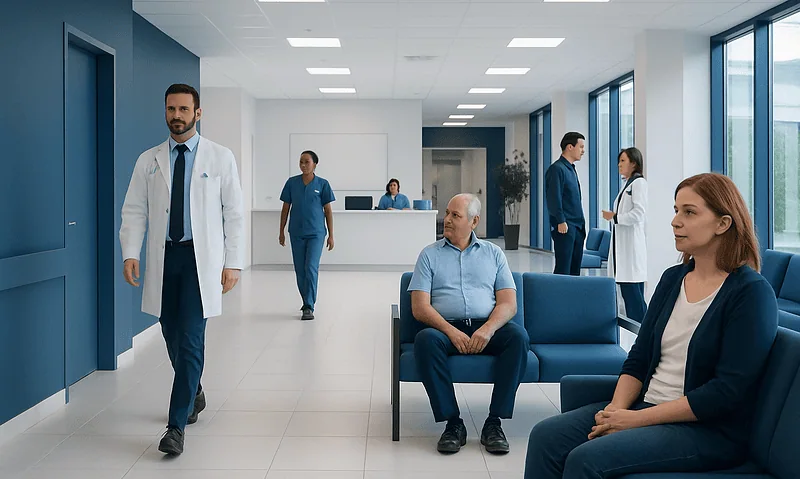 Modern hospital waiting area with doctors and patients at Acibadem Hospitals Group.
