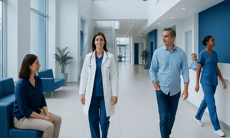Healthcare professionals and patients in a modern hospital corridor.