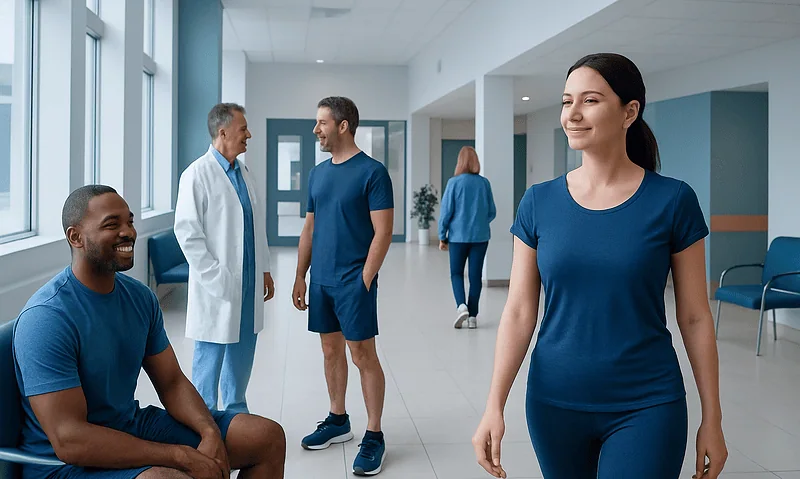 Healthcare professionals and patients in a hospital corridor.