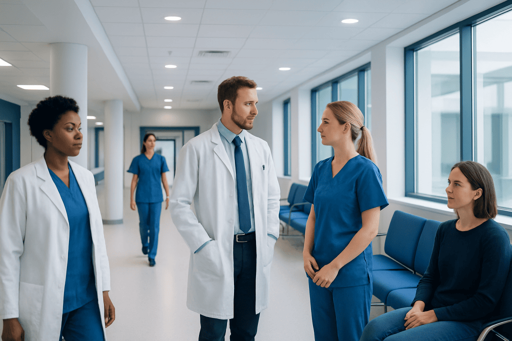 Lip Spots How to Get Rid: What Works, What Does Not, and Safety Notes 1 Medical team discussing patient care in hospital corridor.