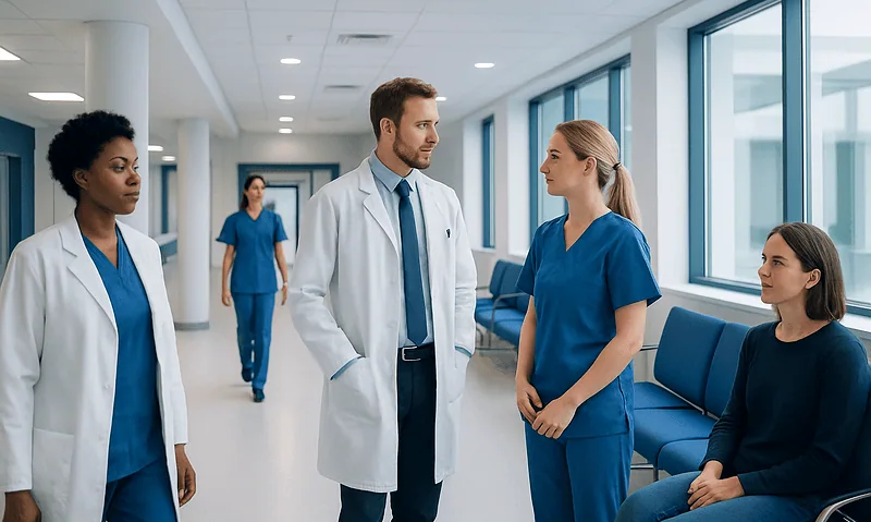 Medical team discussing patient care in hospital corridor.