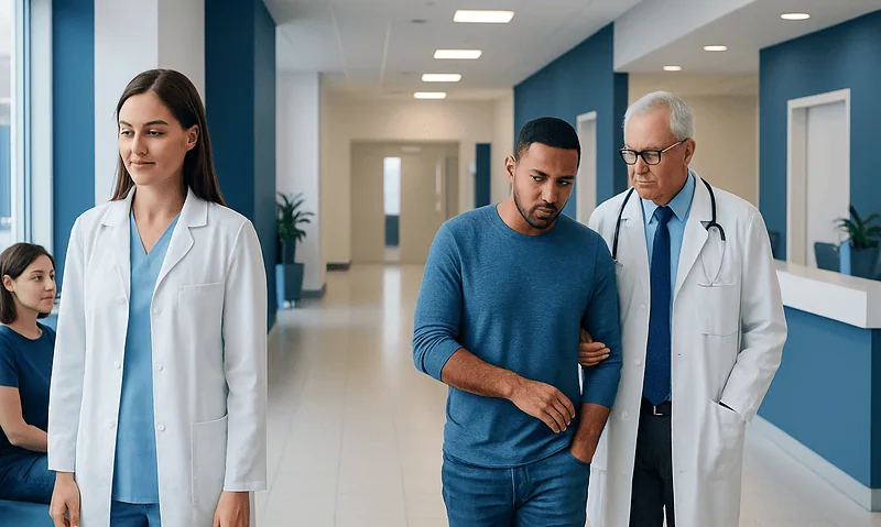 Medical professionals assisting a patient in a hospital corridor.