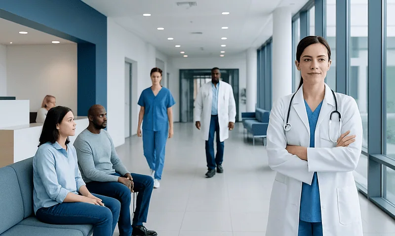 Healthcare professionals and patients in a modern hospital corridor.