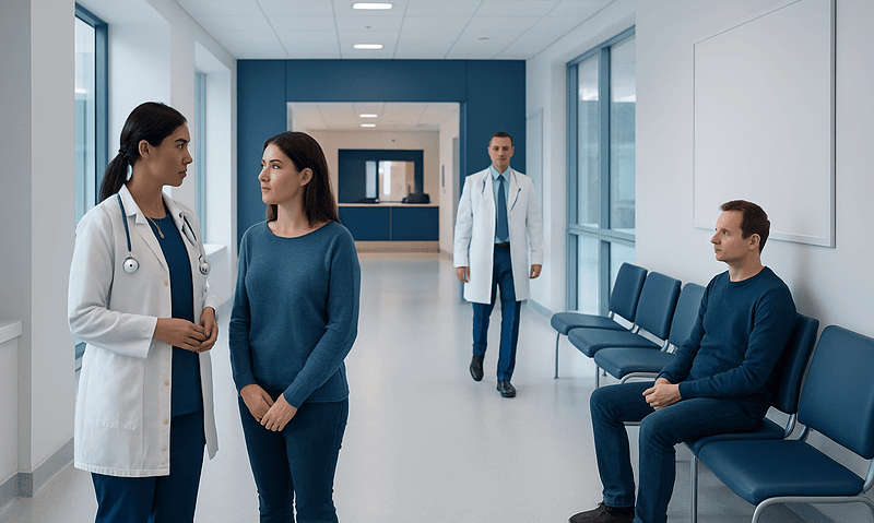 Medical consultation in hospital corridor with healthcare professionals and patient.