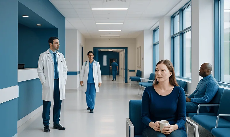Patients waiting in a modern hospital corridor with doctors nearby.