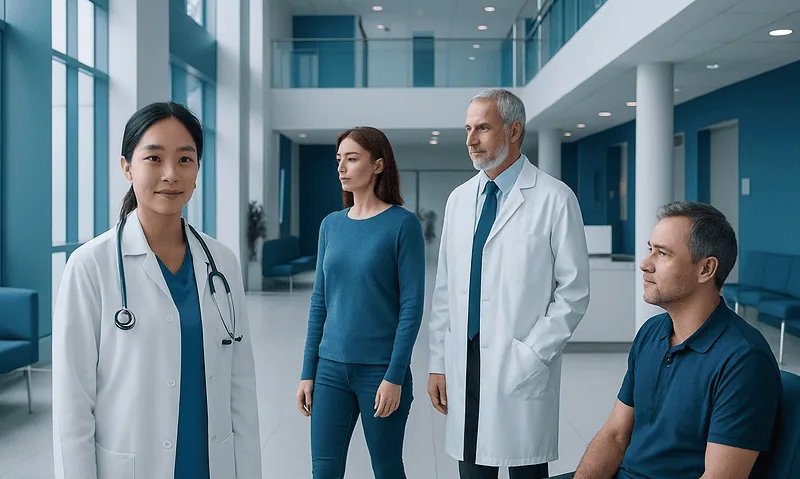 Medical team in hospital corridor discussing patient care.