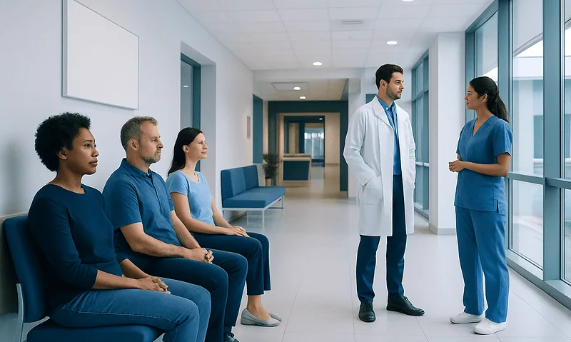 Medical consultation at Acibadem Hospital with diverse healthcare professionals.