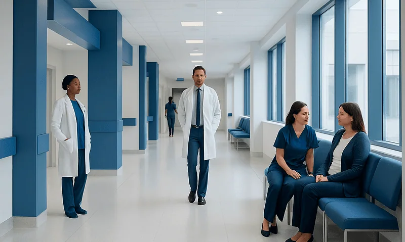 Healthcare professionals in a modern hospital corridor with patients waiting.