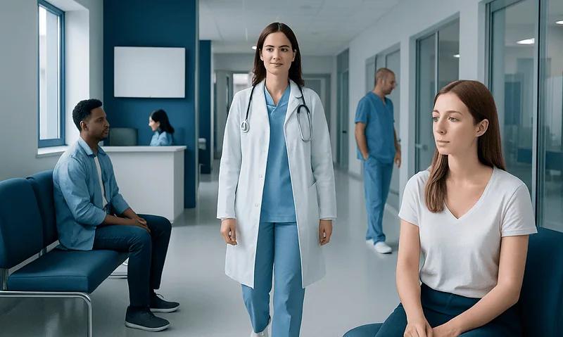 Medical professionals and patient in a hospital corridor.