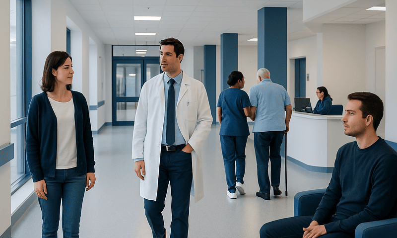 Medical staff and patients in a modern hospital corridor.
