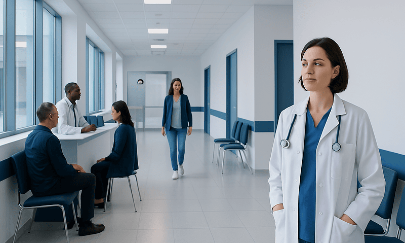 Healthcare professionals and patients in a modern hospital corridor.