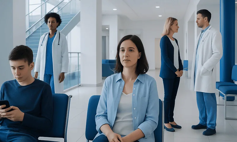 Patients and doctors in a modern hospital waiting area.