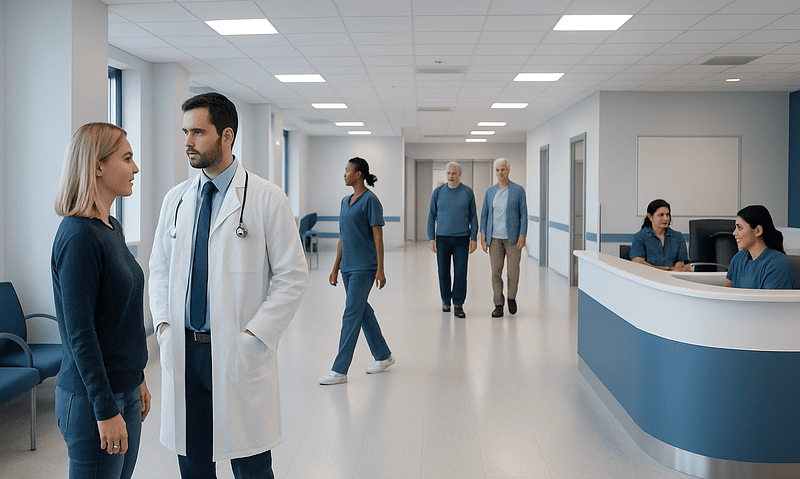 Healthcare professionals and patients in a modern hospital corridor.
