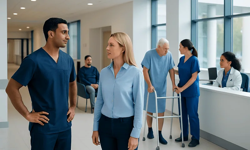 Healthcare professionals and patient in hospital corridor at Acibadem Hospitals Group.