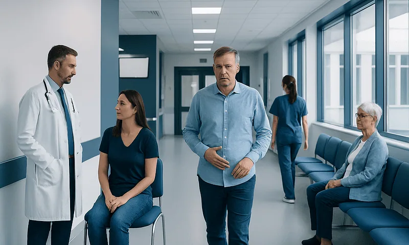 Doctor consulting with patient in hospital corridor with staff and elderly patient nearby.