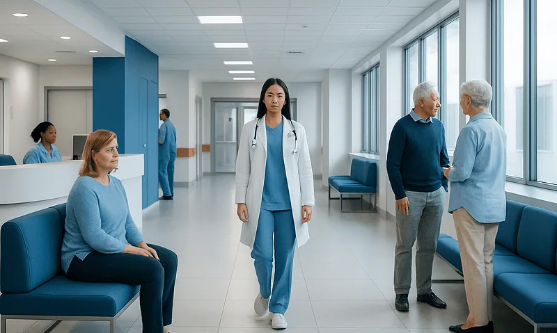 Medical staff and patients in a modern hospital corridor.