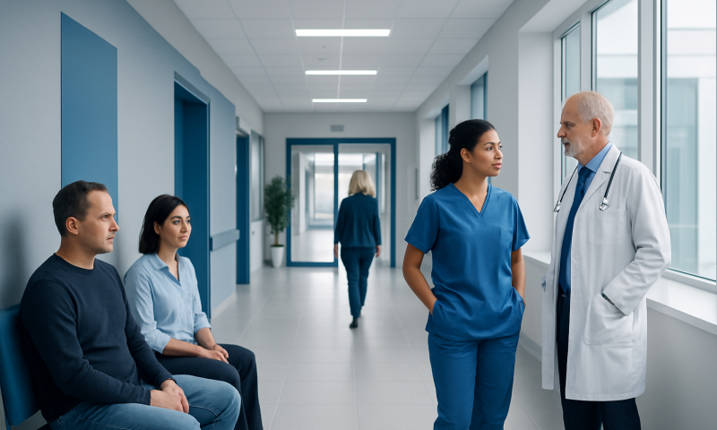 Medical consultation in hospital corridor with healthcare professionals and patients.