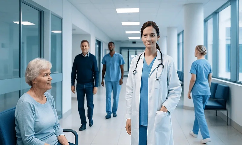 Healthcare professionals and a patient in a modern hospital corridor.