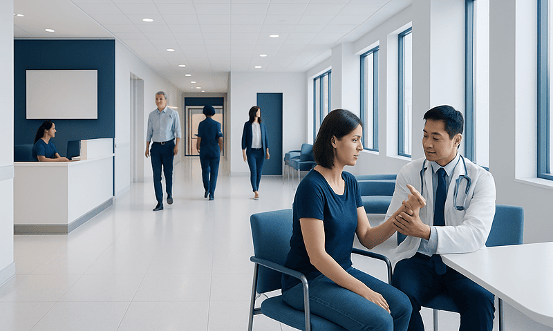 Wrist Flexion: A Complete Medical Overview 6 Doctor consulting with a patient in a modern hospital corridor.