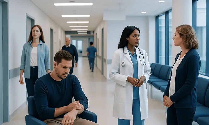 Doctor consulting with a patient in a hospital corridor.